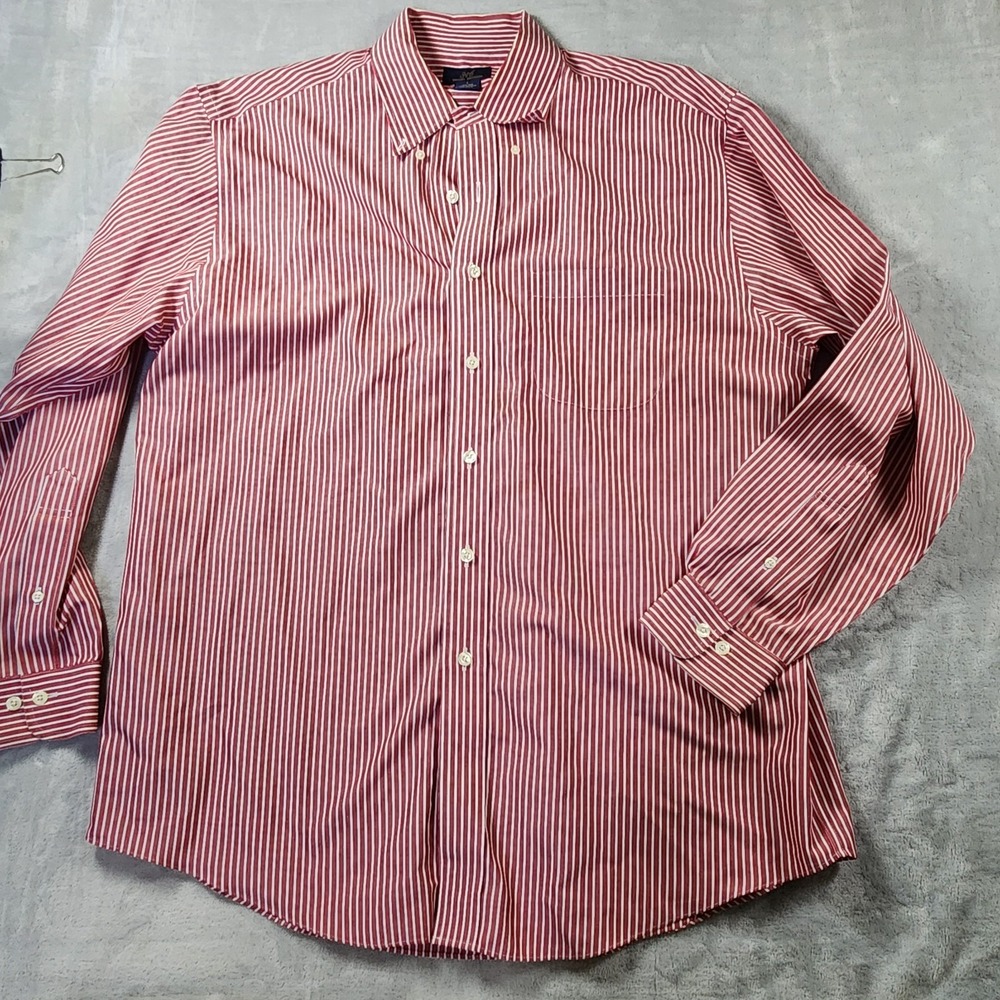 Brooks Brothers 346 Shirt Men Large Red Stripe Plaid Button Down OPS Long Sleeve